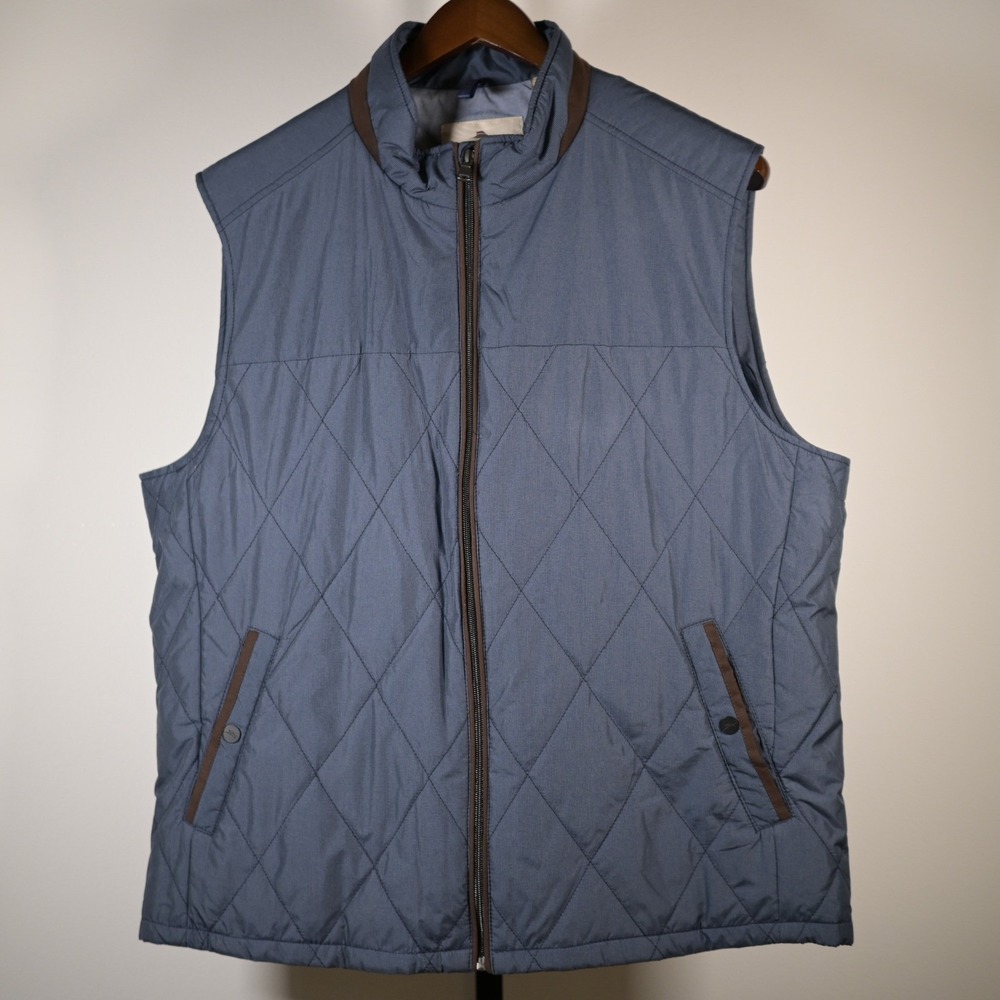Tommy Bahama Mens XL Blue Quilted Full Zip Vest Mock Neck Brown Trim Puffer Vest